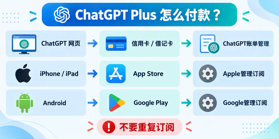 ChatGPT网页、Apple App Store与Google Play订阅渠道及账单管理示意图