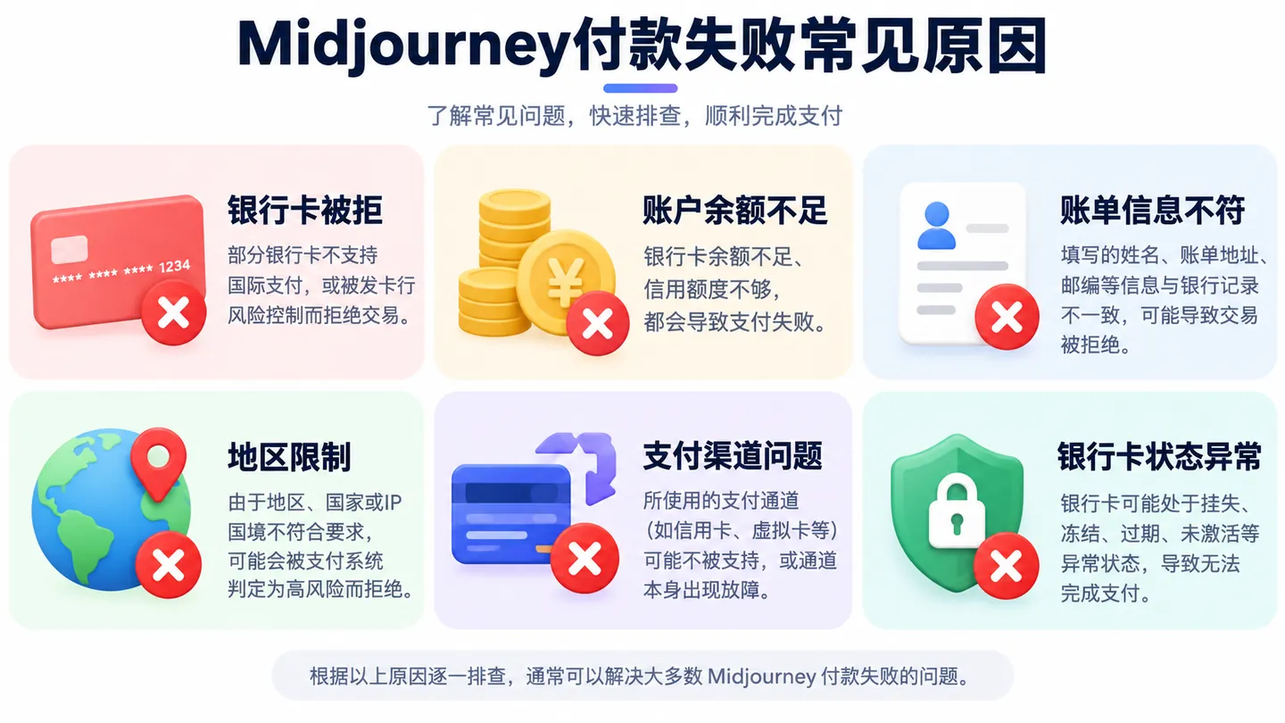 Midjourney虚拟信用卡付款失败常见原因