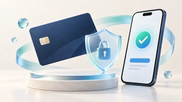 虚拟信用卡、盾牌与手机组成的3D Secure安全验证示意