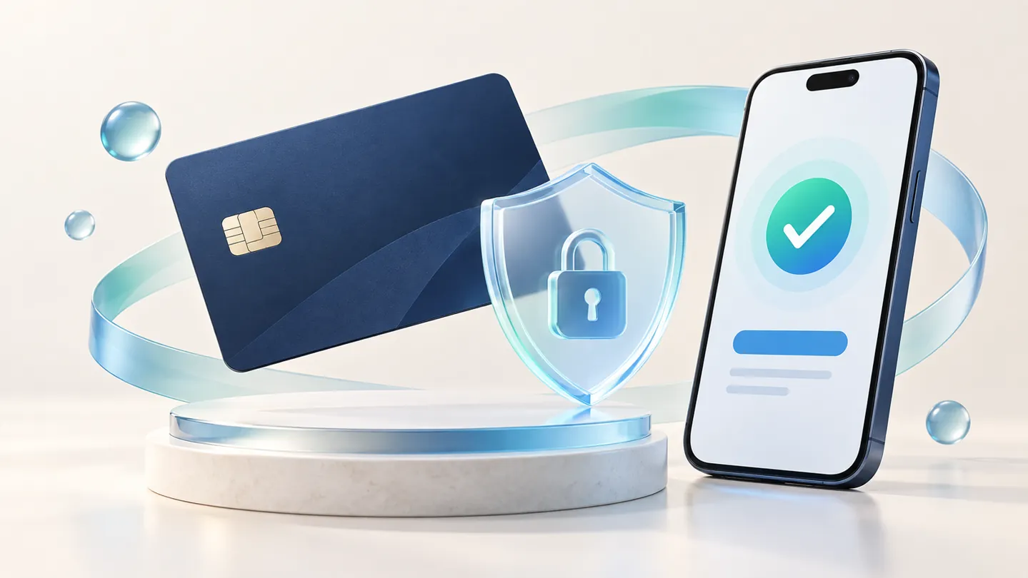 虚拟信用卡、盾牌与手机组成的3D Secure安全验证示意