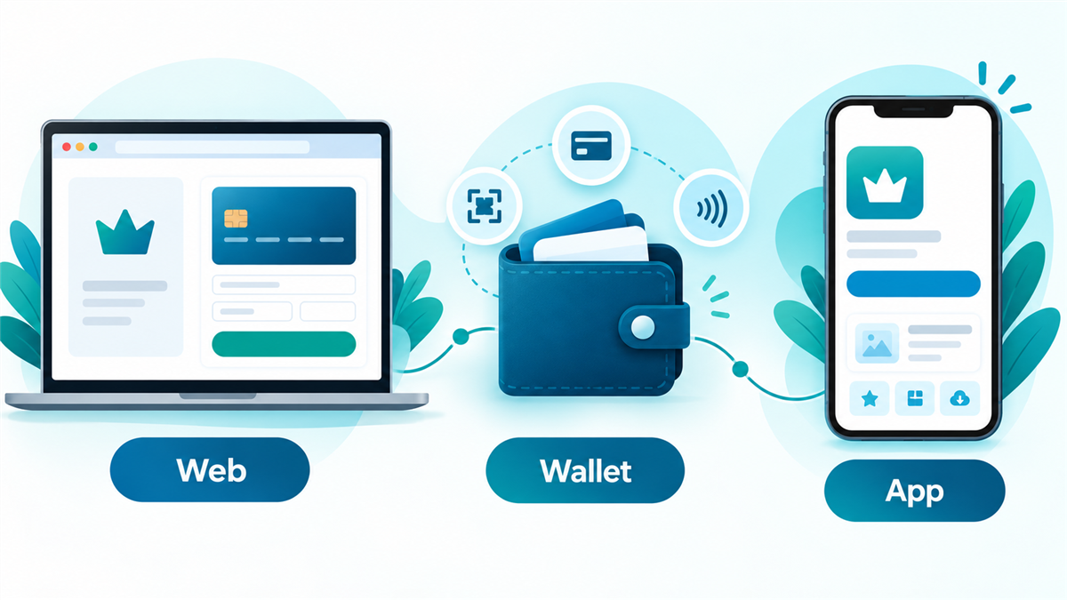 Canva Pro付款渠道选择示意 网页结账、数字钱包与手机应用三种订阅付款渠道的示意图