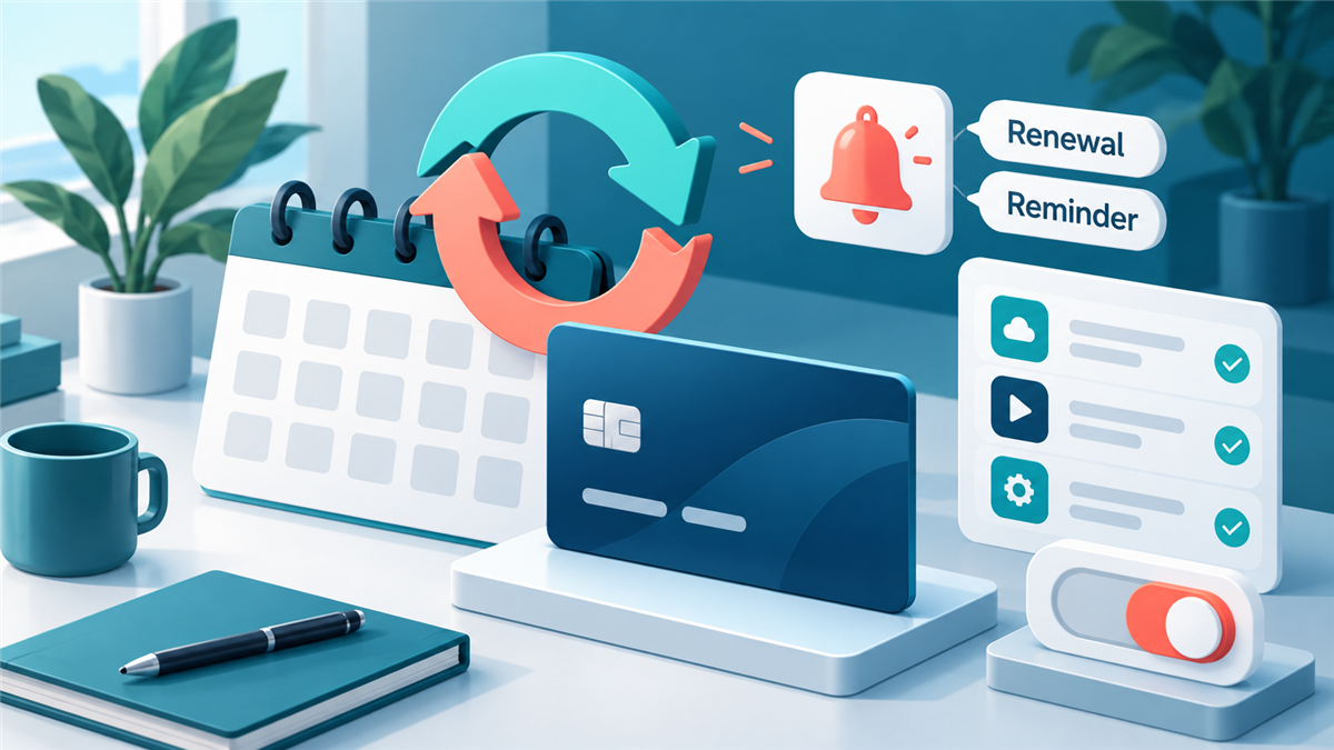 Canva Pro自动续费与提醒管理 日历、续费循环箭头、提醒铃铛和虚拟卡组成的软件订阅管理场景