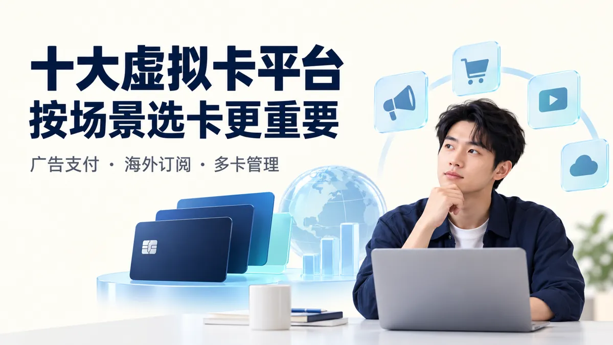 金融科技测评人员使用笔记本比较虚拟卡平台，展示广告支付、海外订阅与多卡管理主题